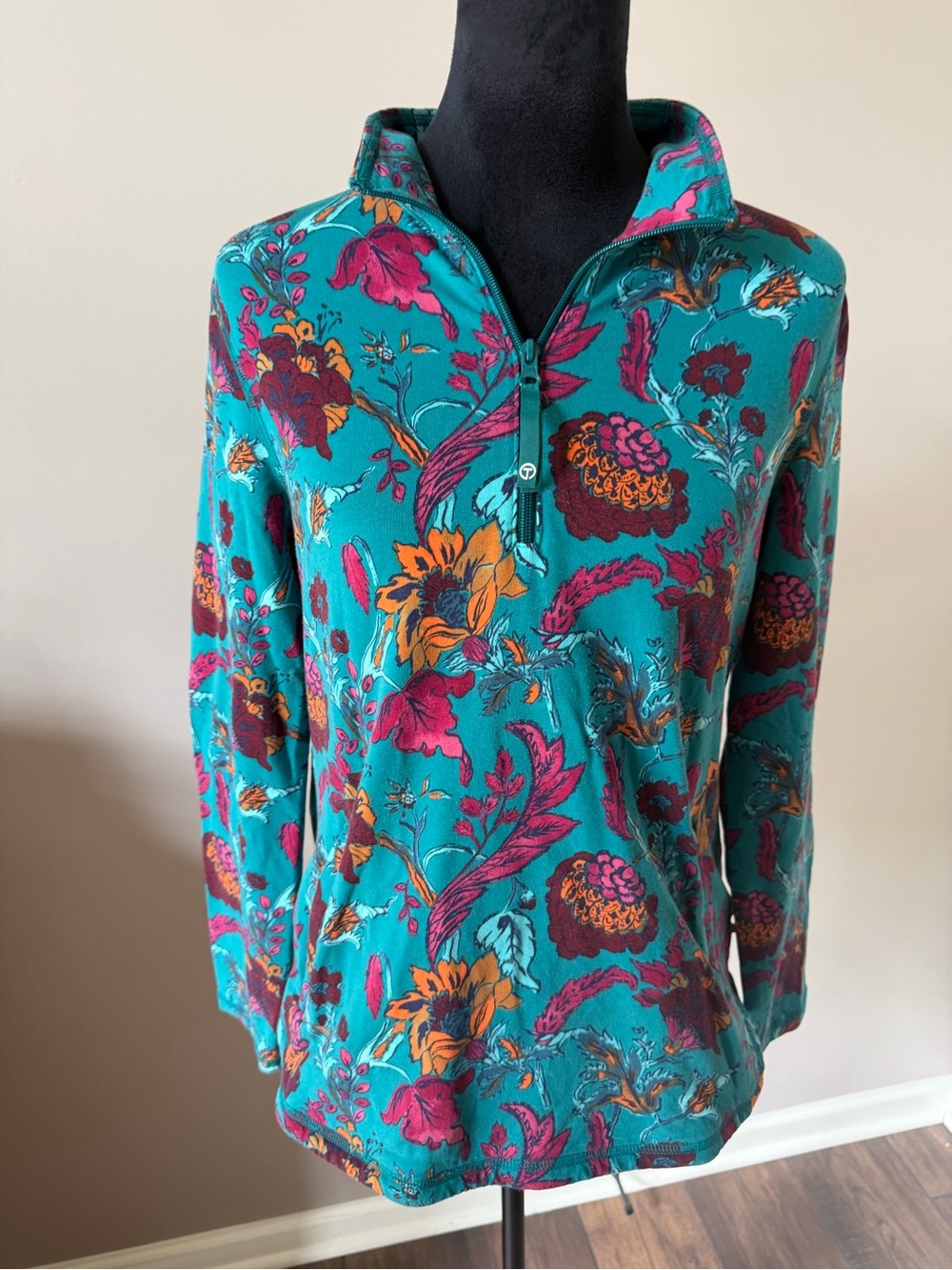 Talbots Vibrant and Cozy Teal Floral Half-Zip Pullover Medium